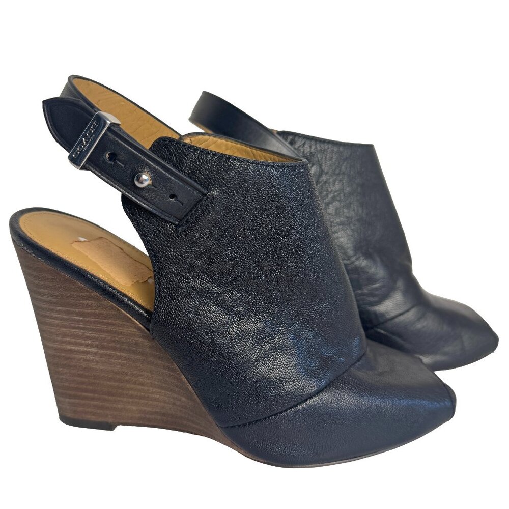 COACH Lindsay Safari Black Calf Leather Wedge Peep Toe Sandal Size 7